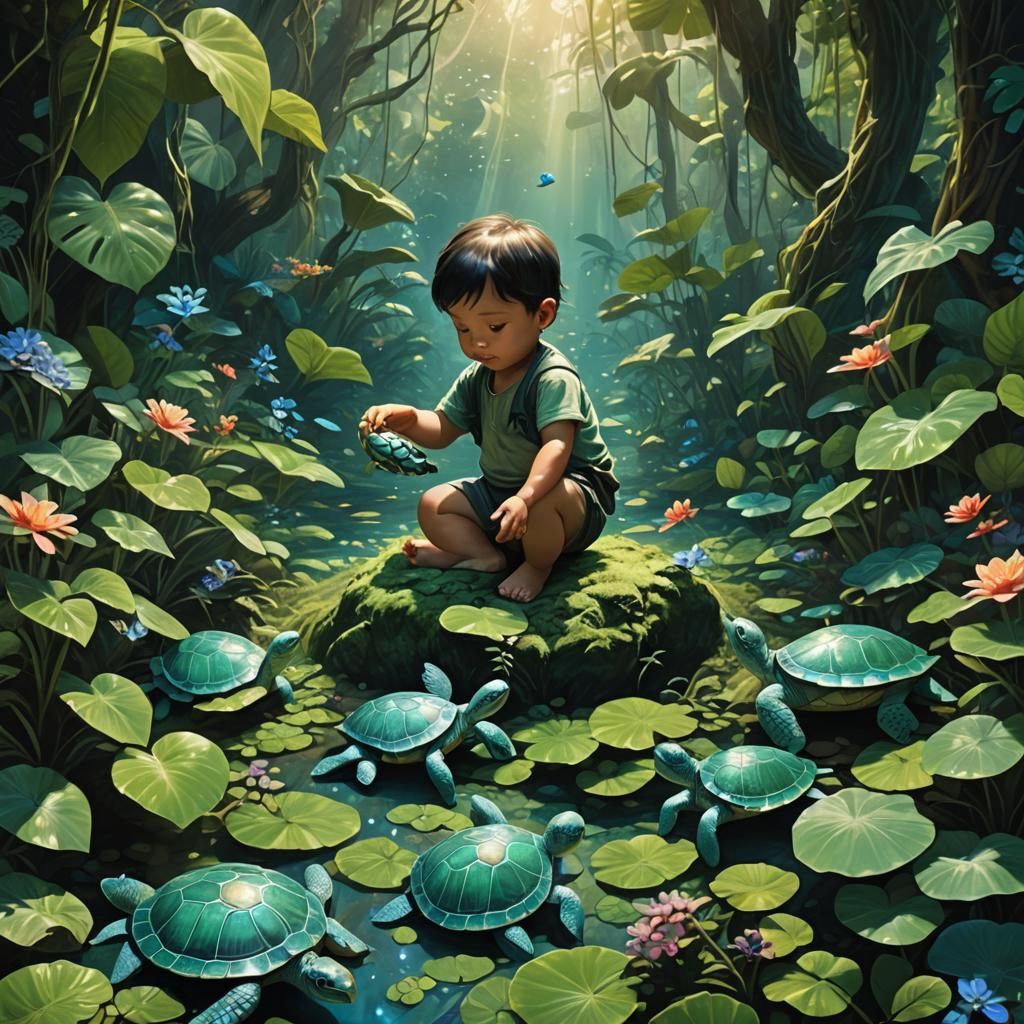Baby and Turtles in Lush Jungle, Miyazaki Style