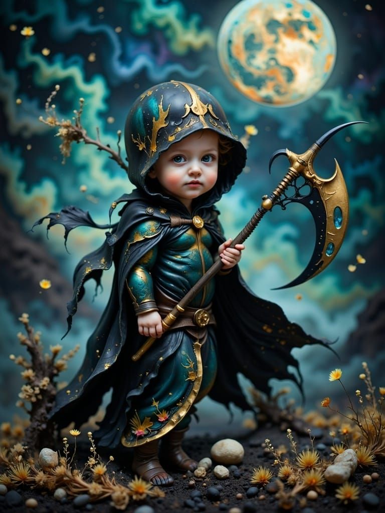 Baby Grim Reaper in Dark Whimsical Style