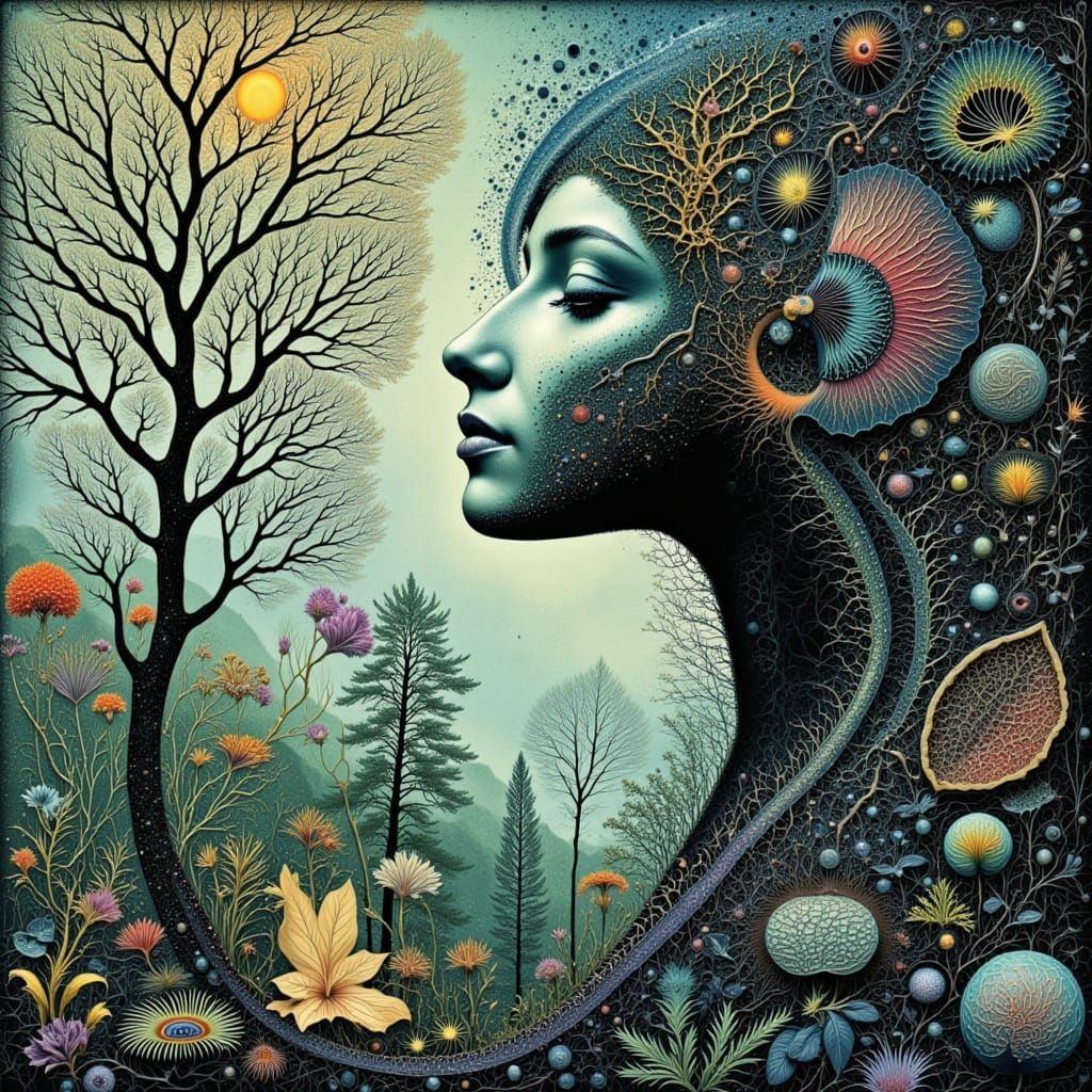 Surreal Woman in Forest with Sound Waves