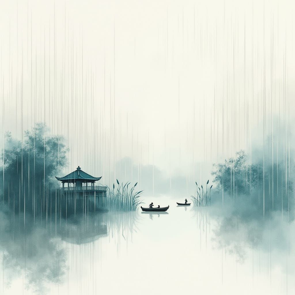 Watercolor Zen Oasis with Rainy Jiangnan Architecture