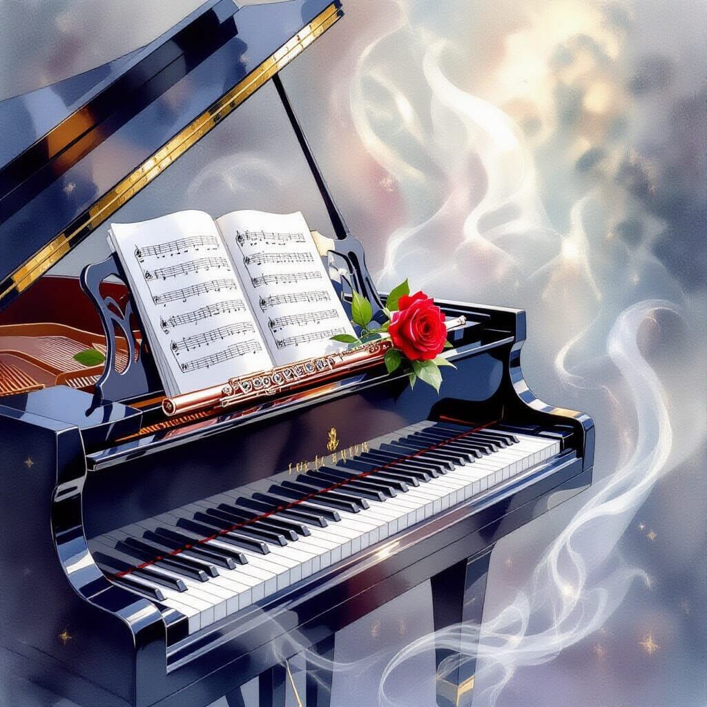 Ethereal Piano Watercolour with Flute and Rose