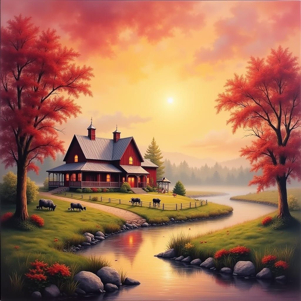 Cozy Rustic Mansion in a Foggy Countryside Scene