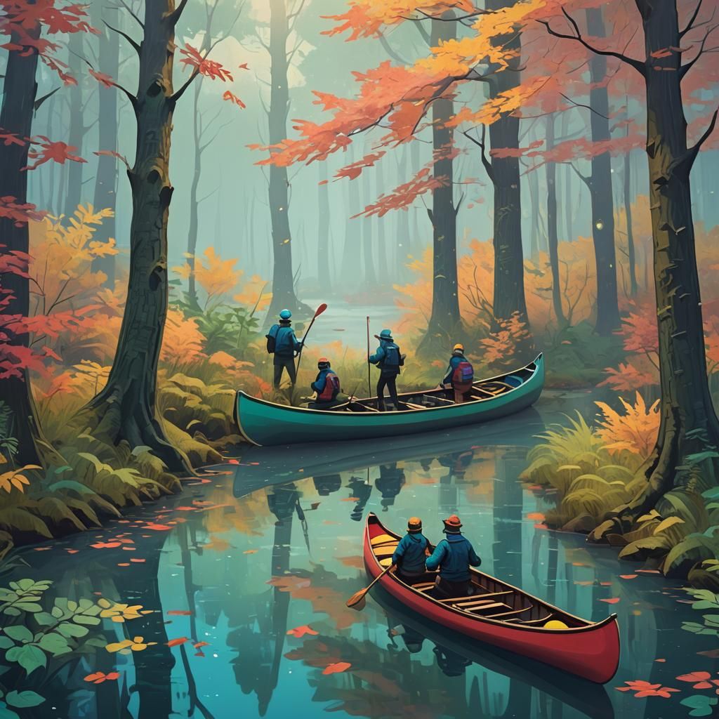 Canoe Trip Through Mystical Forest in Van Gogh Style