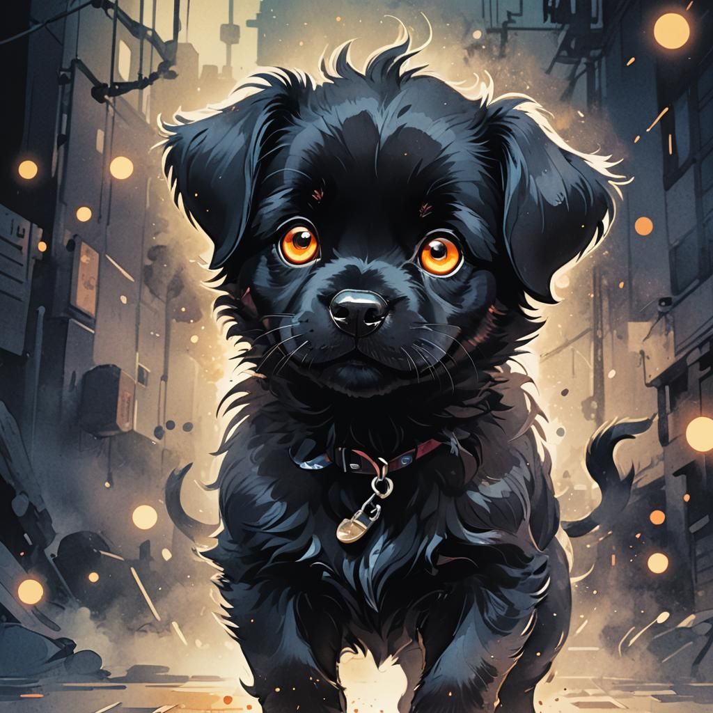 Fuzzy Black Puppy in Vibrant Anime Style