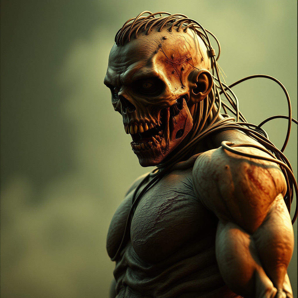 Mechanical Zombie with Piercing Gaze in Film Still