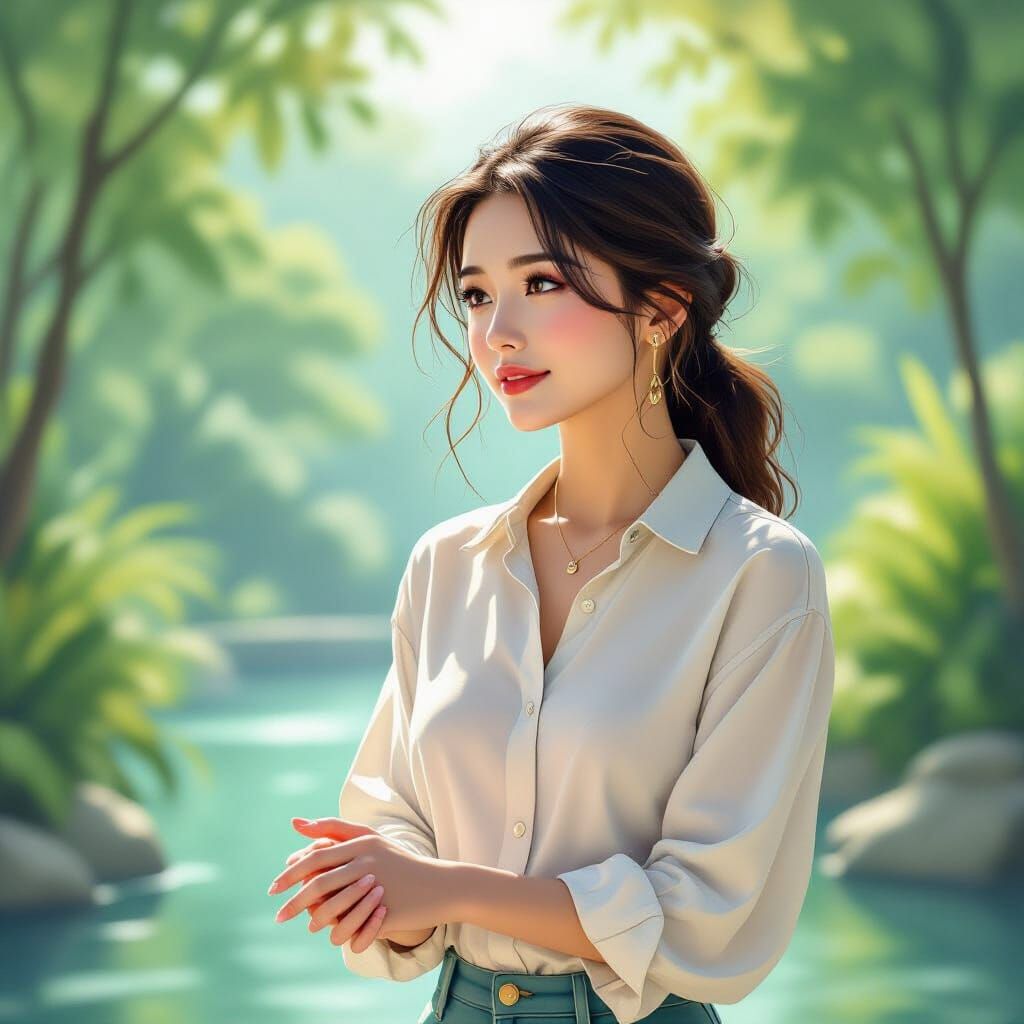 Contemplative Woman in Serene Setting, Inspired Art