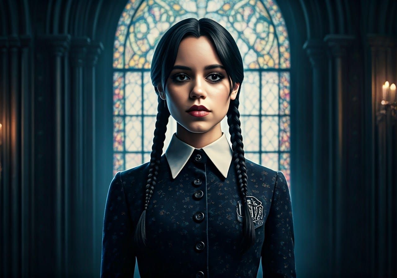 Wednesday Addams in a Kaleidoscopic, Moonlit Aura