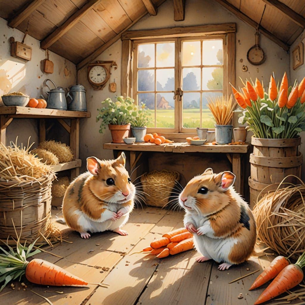 Whimsical Farm Attic Scene with Hamster and Rabbit