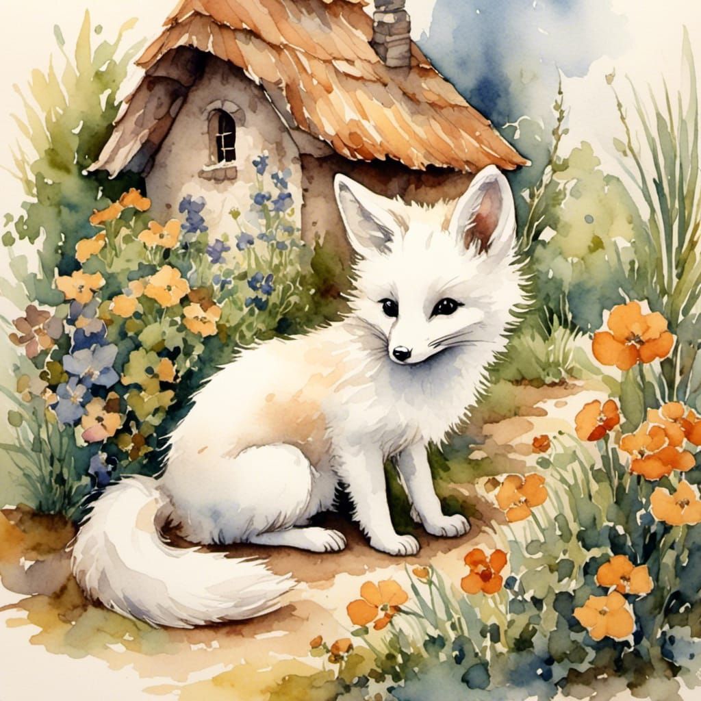 Chibi White Fox and Mouse Watercolor Painting