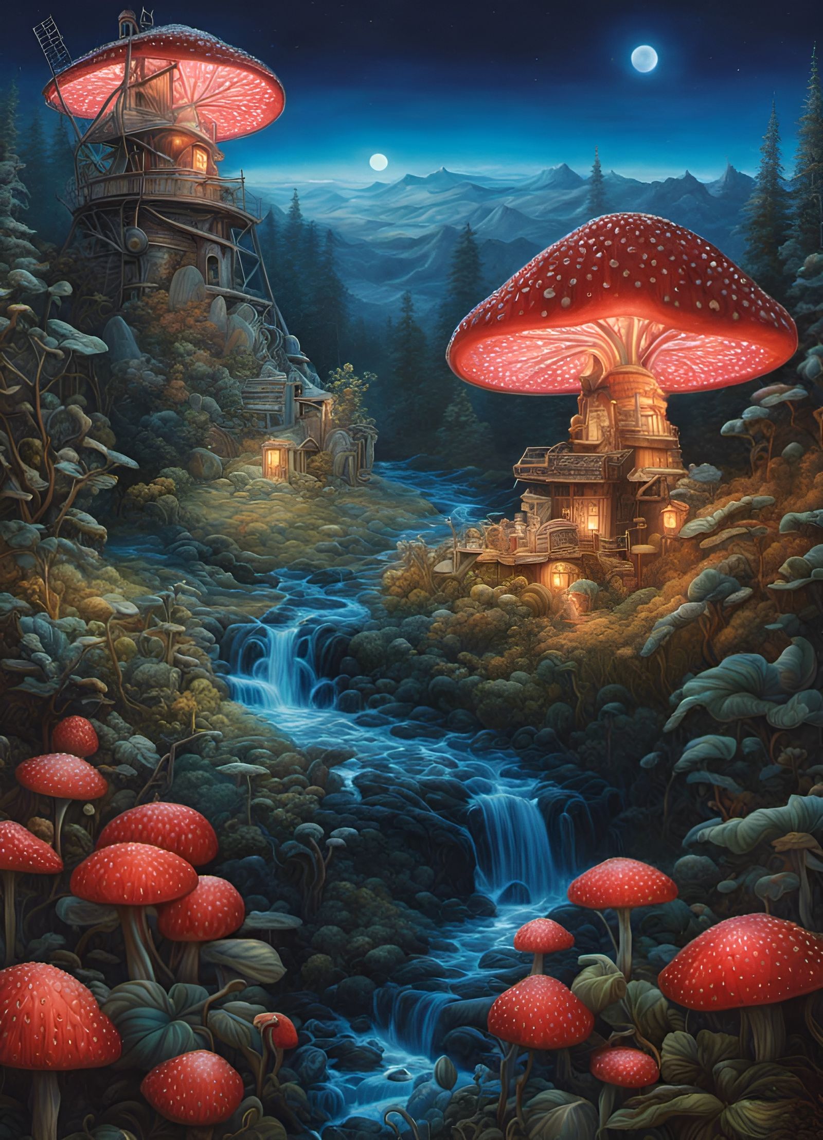 Bioluminescent Mushroom Windmills in Dreamlike Landscape