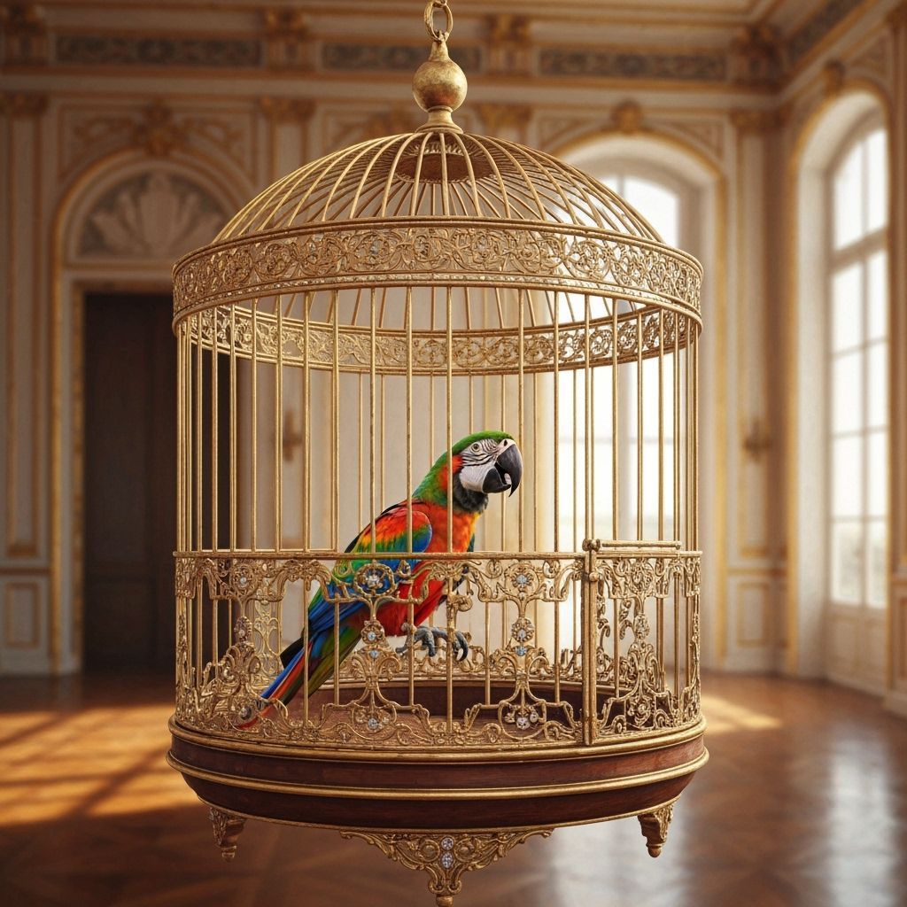 Gilded Birdcage with Macaw in Sunlit Ballroom