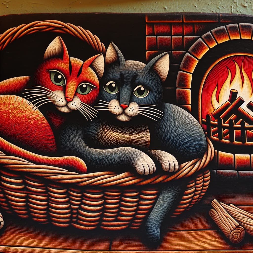 Cats Cuddling by Fireplace in Whimsical Style
