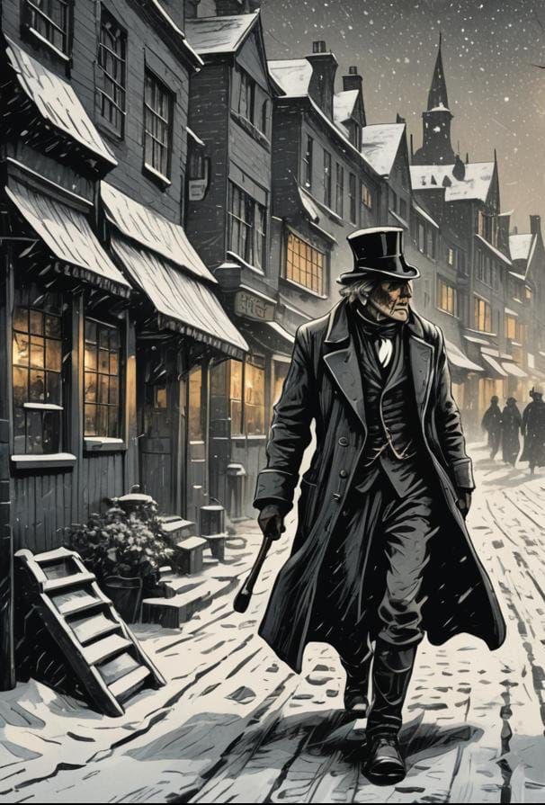 Scrooge's Boxing Day Walk: A Woodcut Illustration