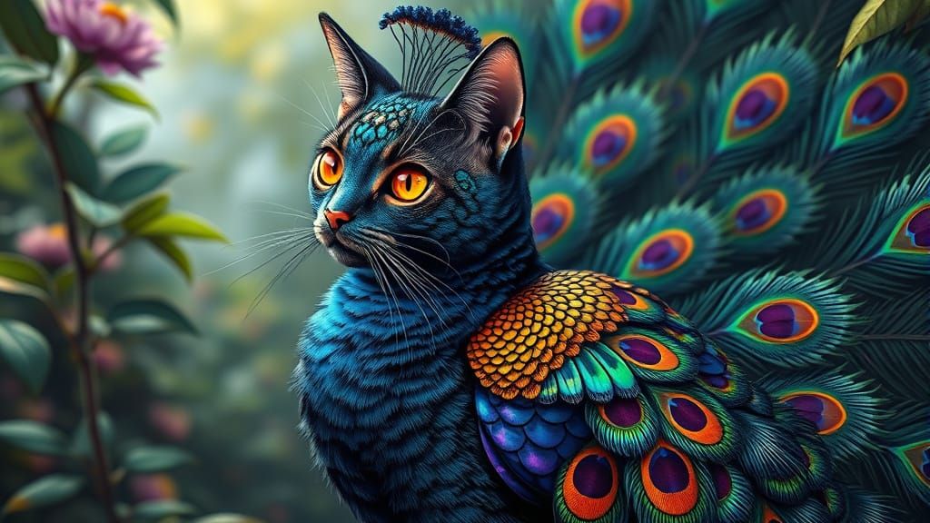 Cat Transformed into Vibrant Peacock Masterpiece