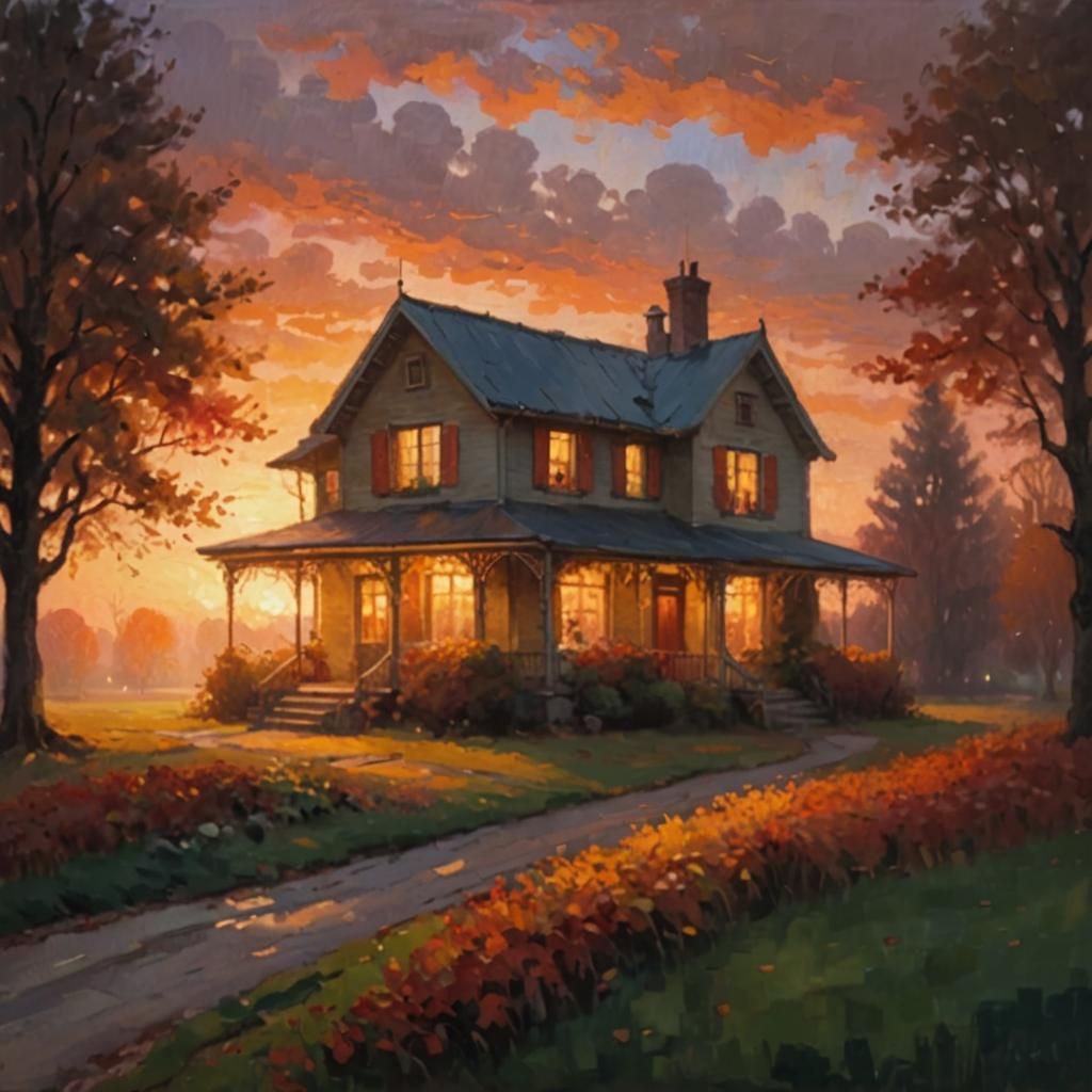 Cozy Home in Autumn Impressionist Painting