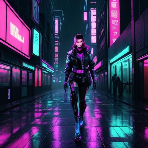 Cyberpunk Woman in Rainy Neon Cityscape