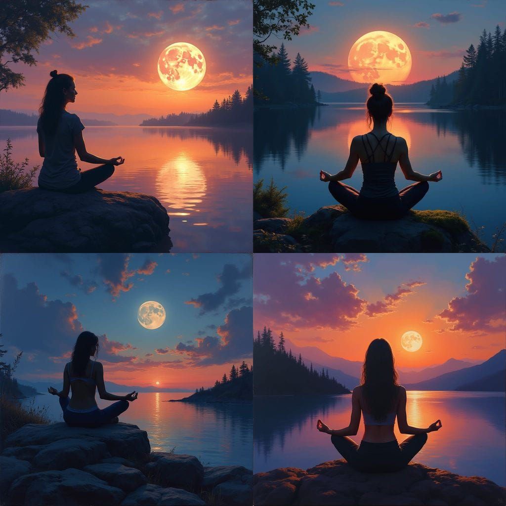 Woman in Zen Pose Overlooking Lake at Sunset with Full Moon