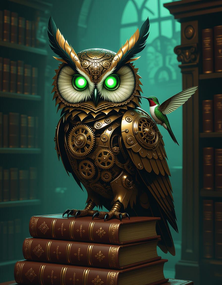Steampunk Clockwork Owl in Forgotten Library