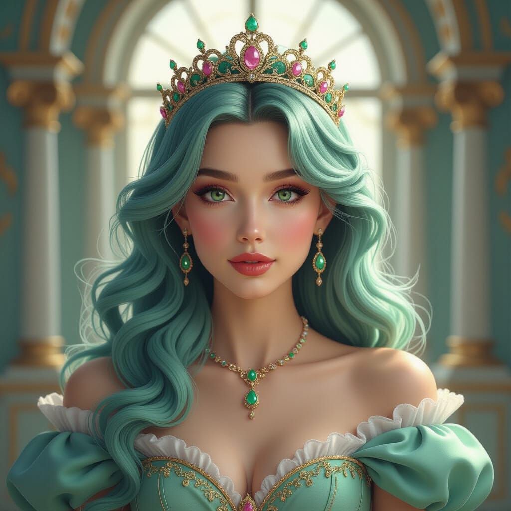 Princess with Green Hair in Art Nouveau Style