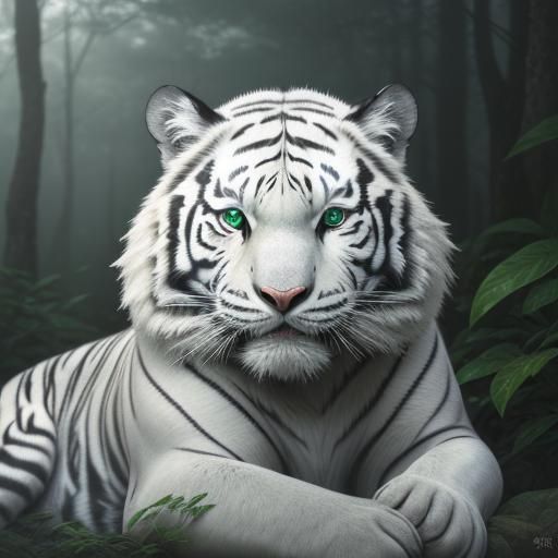Cute White Tiger in Misty Forest, Anime Style