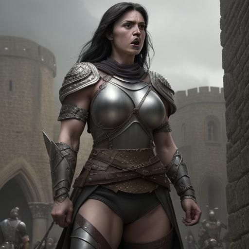 Strong Medieval Woman Shouting at City Defenders