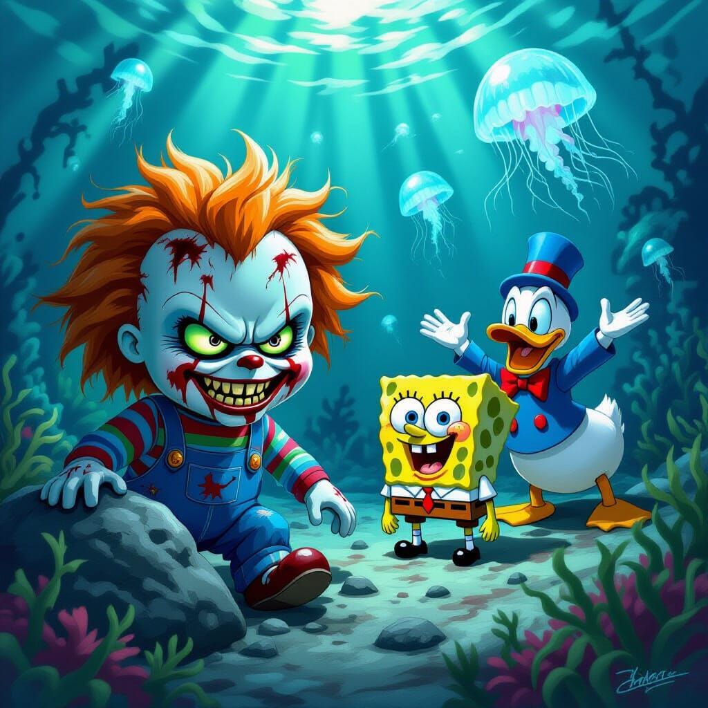 Chucky Terrorizes SpongeBob and Patrick in Dark Fantasy Biki...
