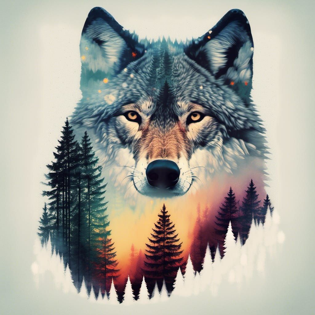 Wolf and Forest Double Exposure Art