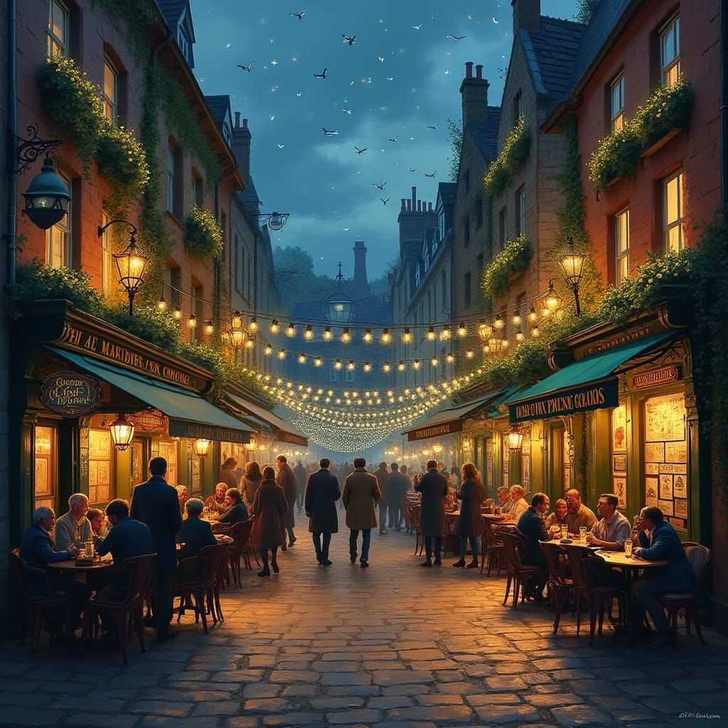 Whimsical Irish Pub Square at Night