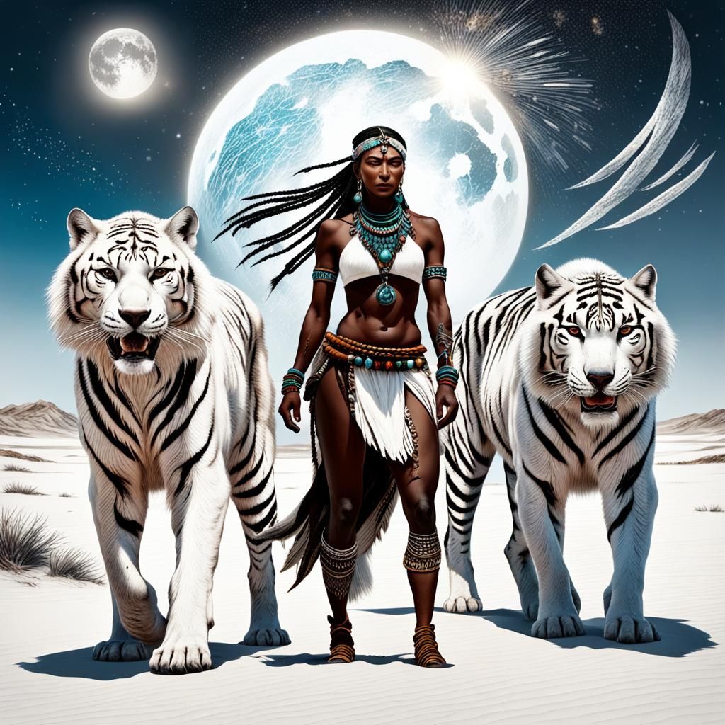 Tribal People with White Tigers on Desert Beach