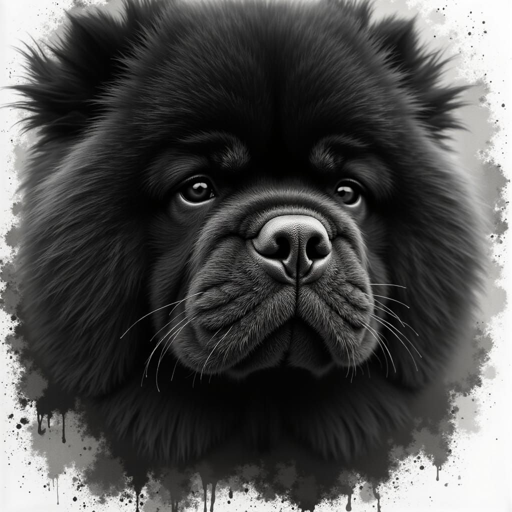 Macro Close-up of a Black Chow's Nose in Intense Ink Print
