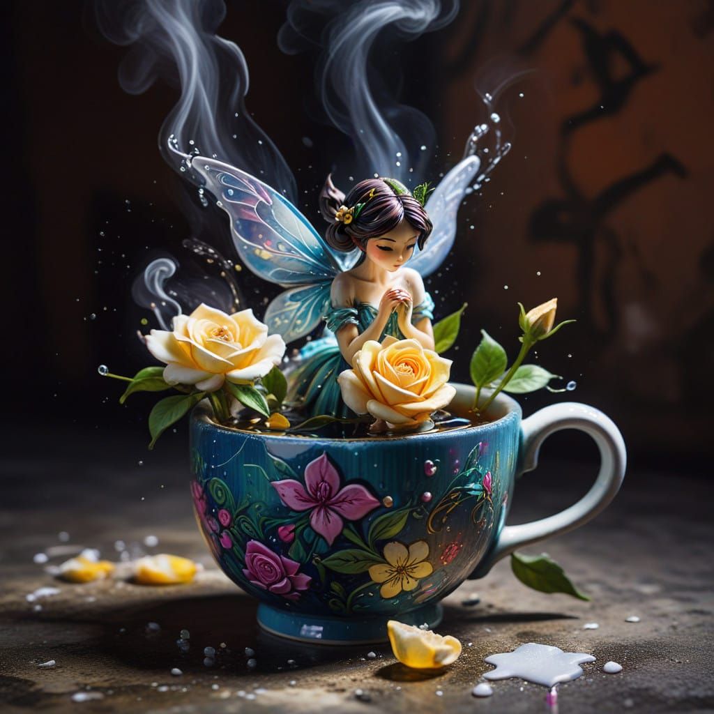 Vibrant Tea Fairy Dances in Art Nouveau Graffiti