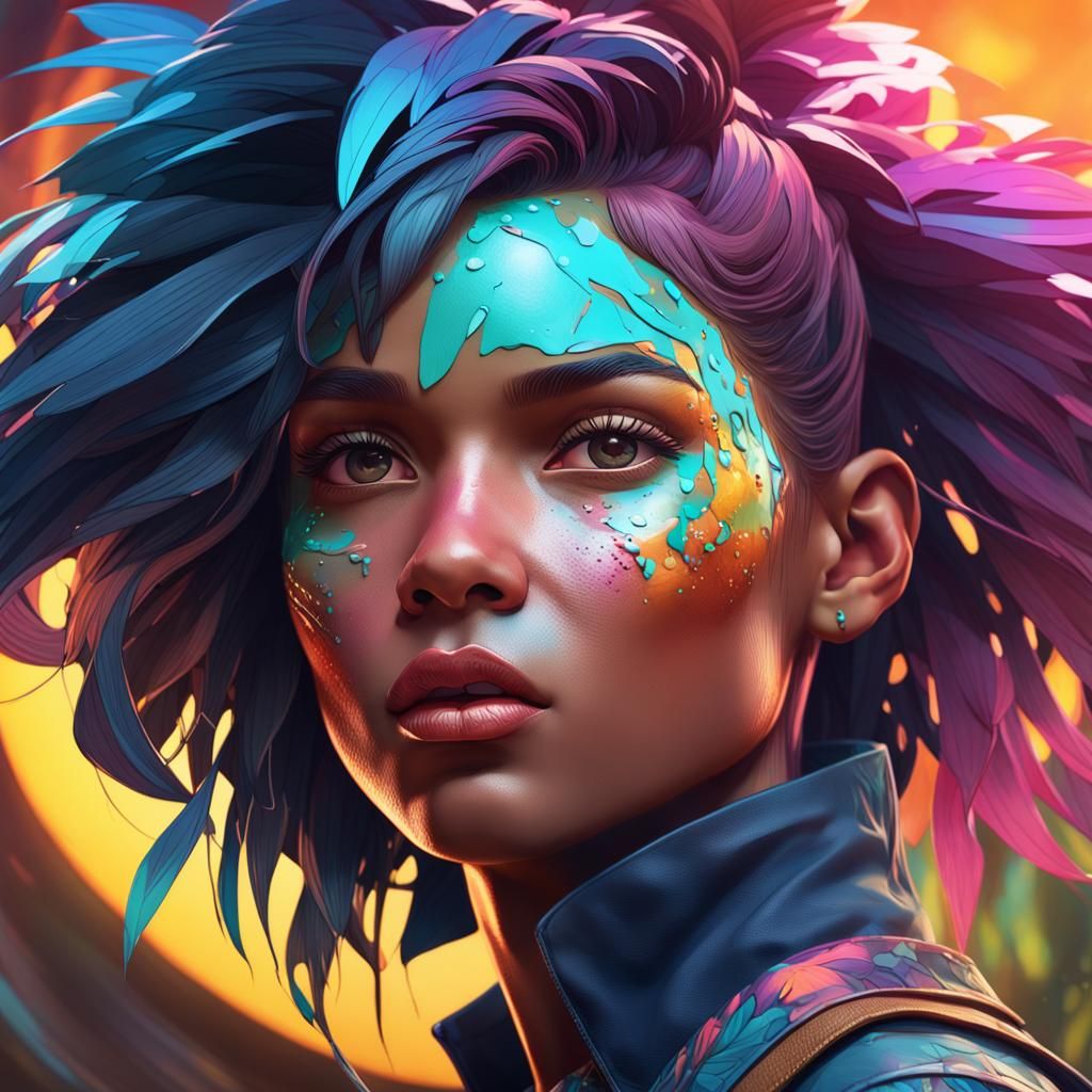 Tropicalpunk Portrait with Volumetric Lighting in Digital Ar...