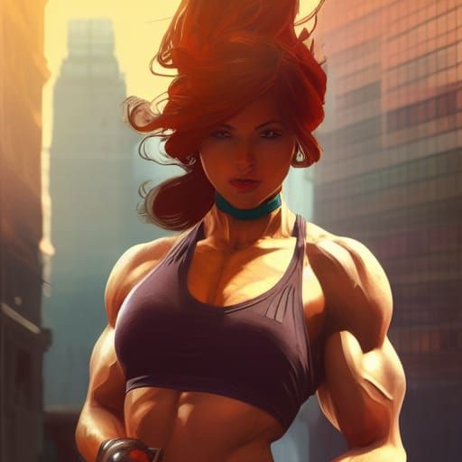 Hyperdetailed Muscle Girl in City, Artstation Style