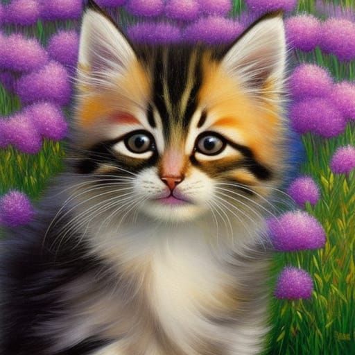 Fluffy Kitten in Flower Meadow, Romantic Oil Painting