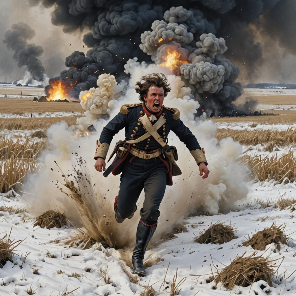 Fleeing Napoleonic Soldier Amidst Battlefield Explosion