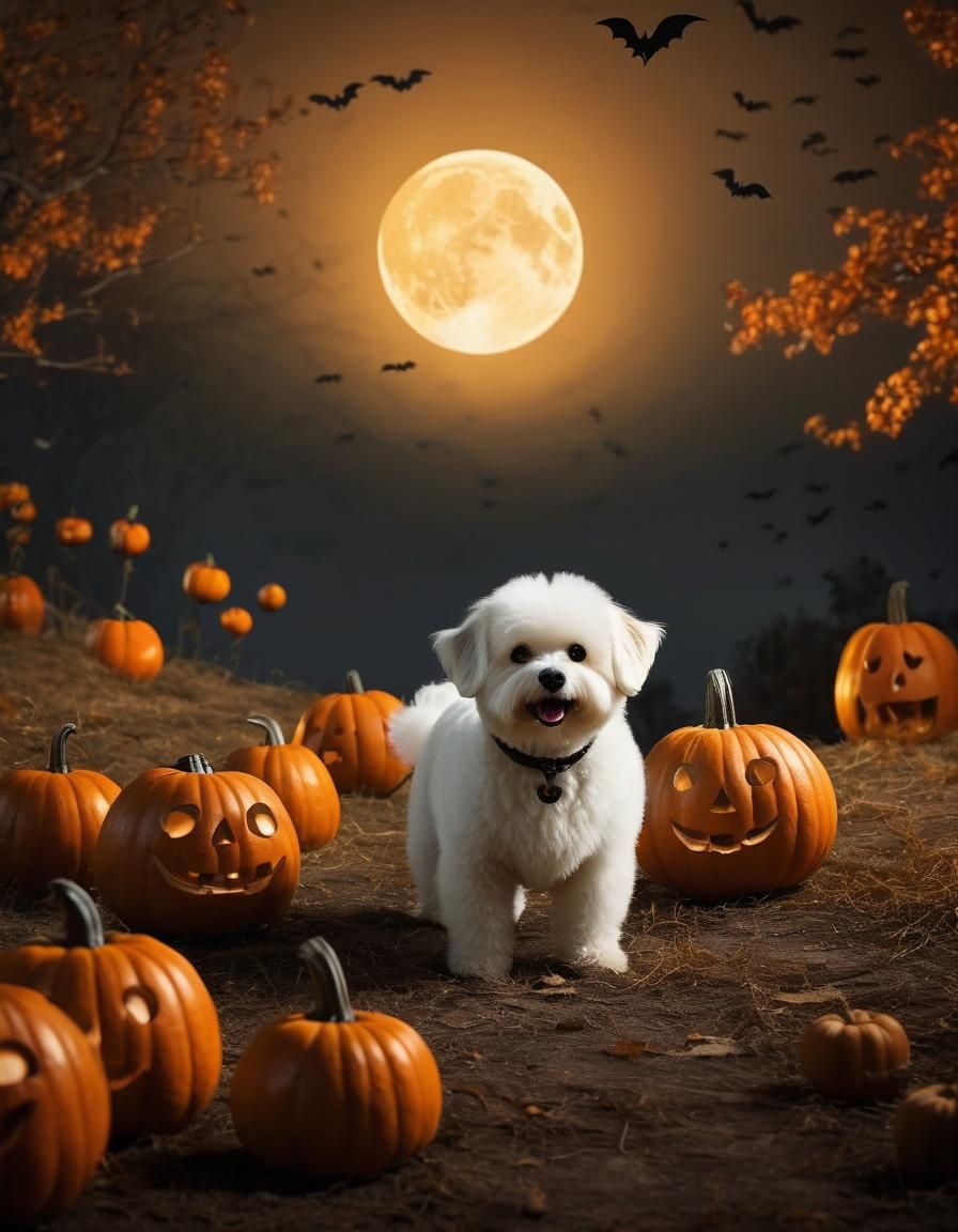 Playful Bichon Frise in Whimsical Halloween Scene