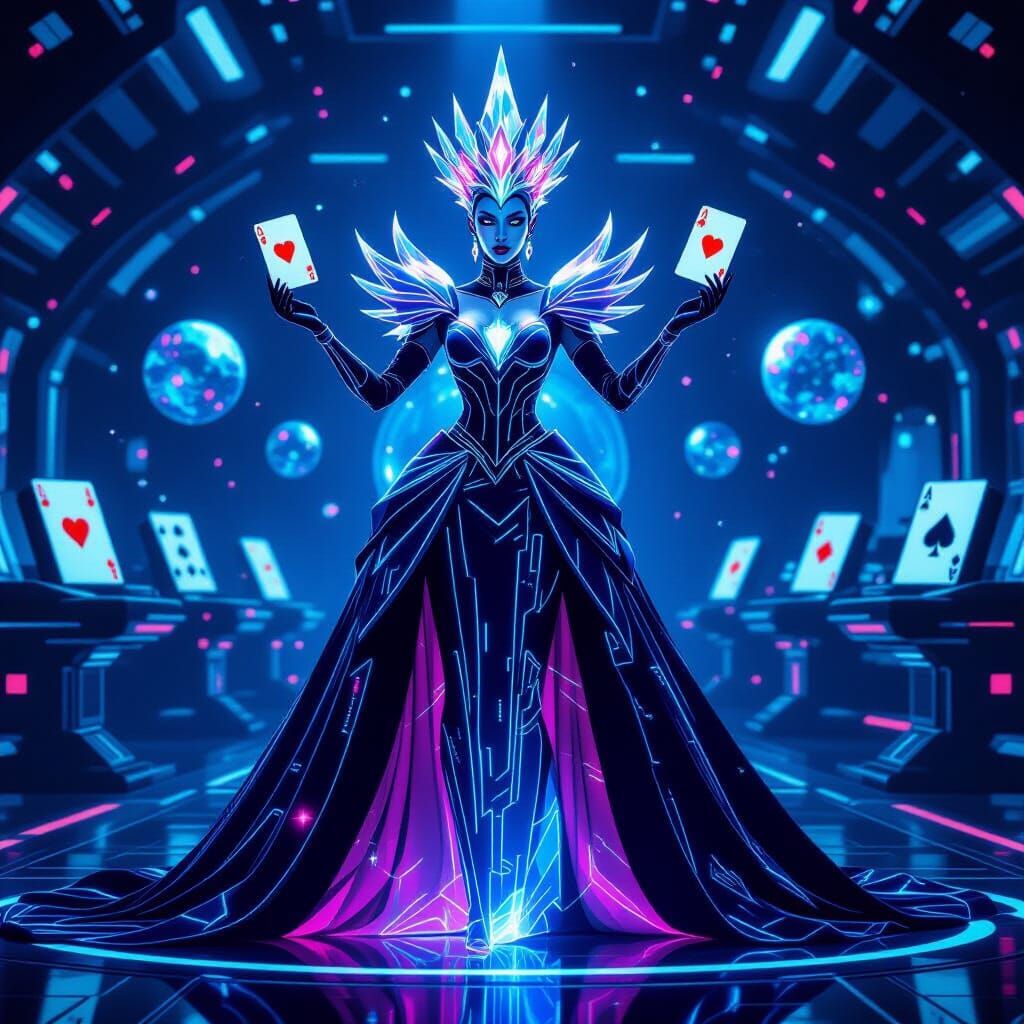 Futuristic Queen of Hearts Galactic Ruler in Cyberpunk Style