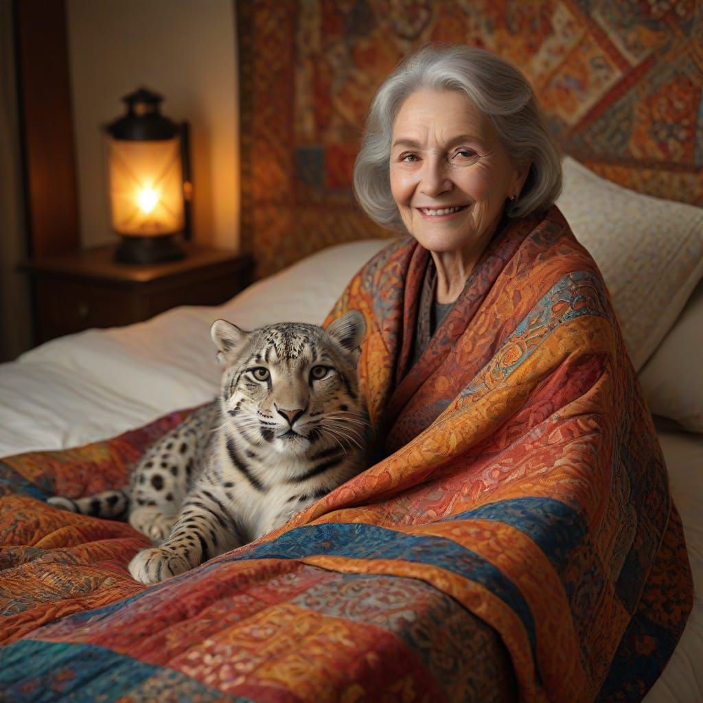 Elderly Woman Smiles Wrapped in Luxurious Quilt With Snow Le...