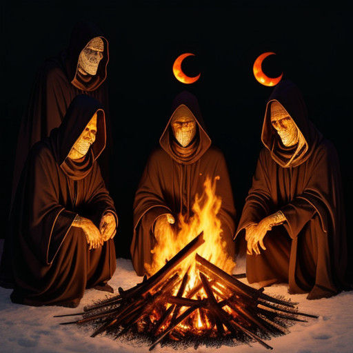 Mysterious Yule Bonfire, Cloaked Figures in Midnight Ritual