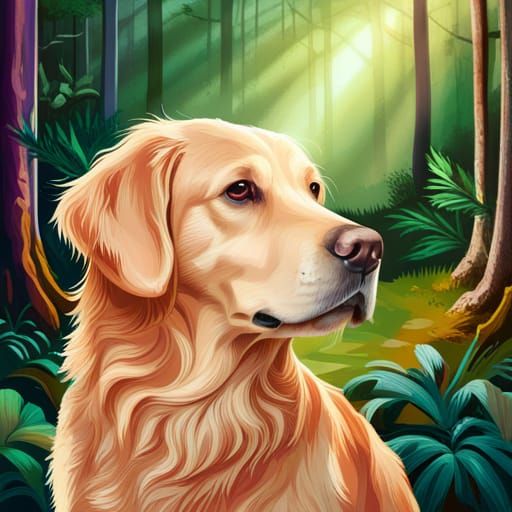 Hyperrealistic Golden Retriever in Forest Splash Art