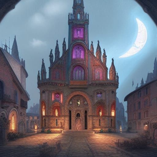 Fantasy Church in Medieval Town: Digital Art