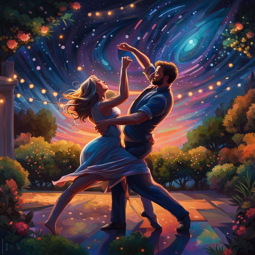 Couple Dancing Under Starry Sky: Hyperrealistic Splash Art