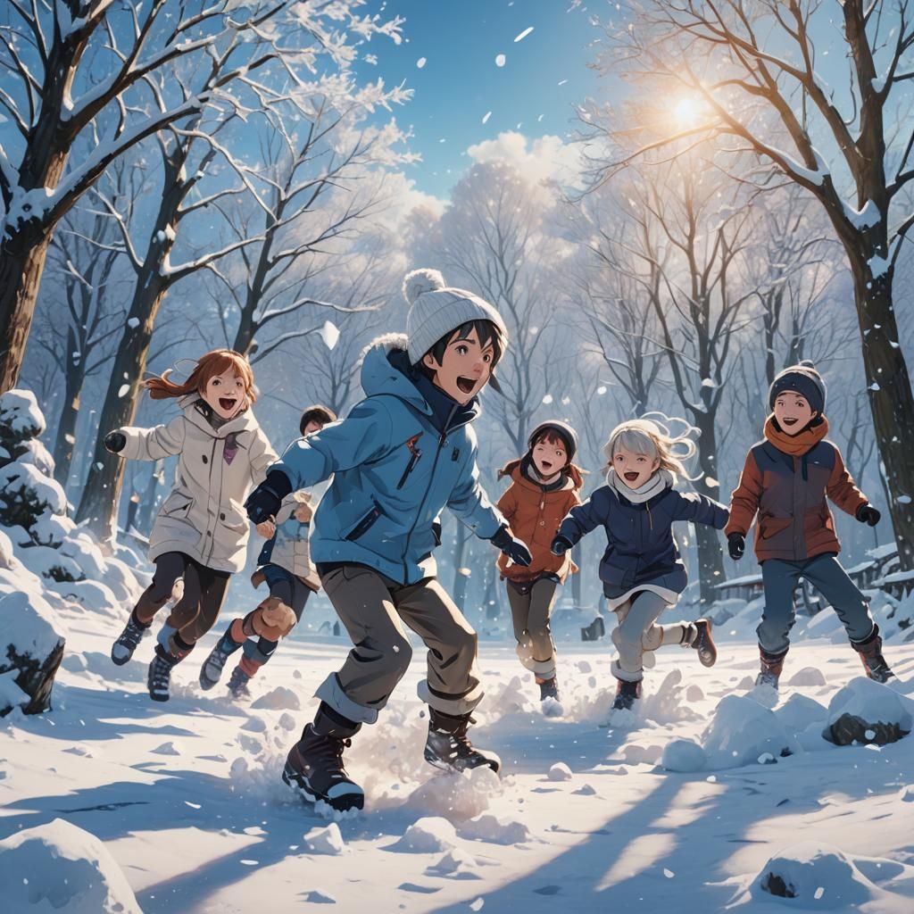 Children's Snowball Fight in Anime Winter Wonderland