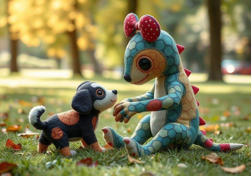 Cute Plush Creature Plays with Puppy in Patchwork Style