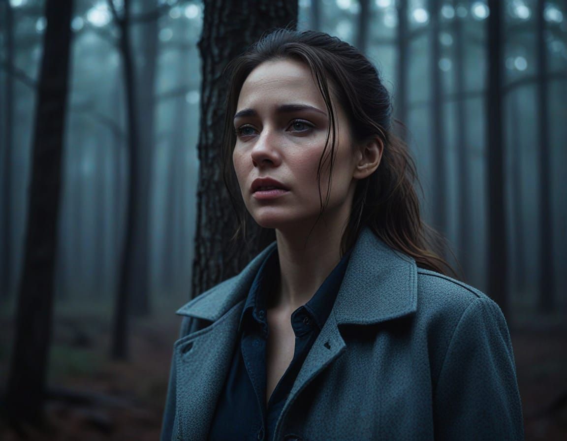 A Woman Overwhelmed by Emotion in a Misty Moonlit Forest
