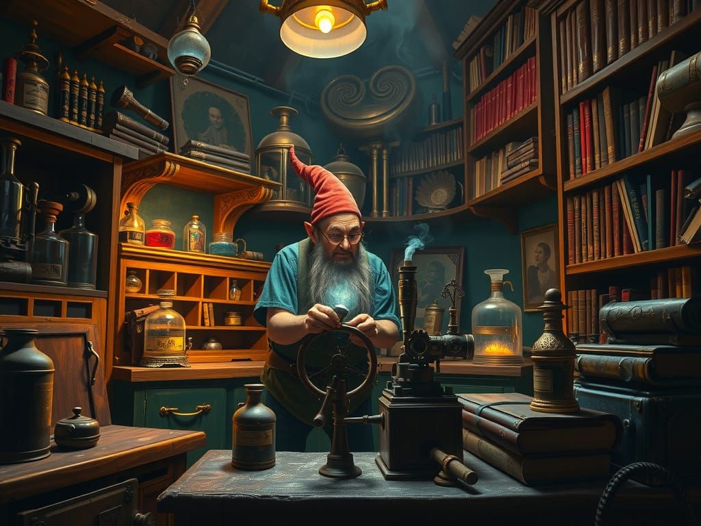 Gnome Inventor in a Magical Workshop, Whimsical Art