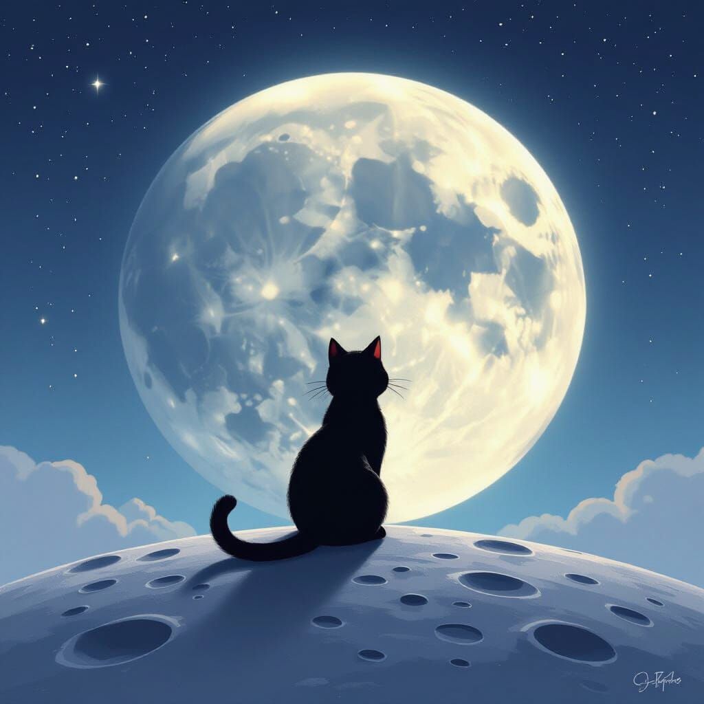 Whimsical Cat on Moon Gazing at Earth in Painterly Style