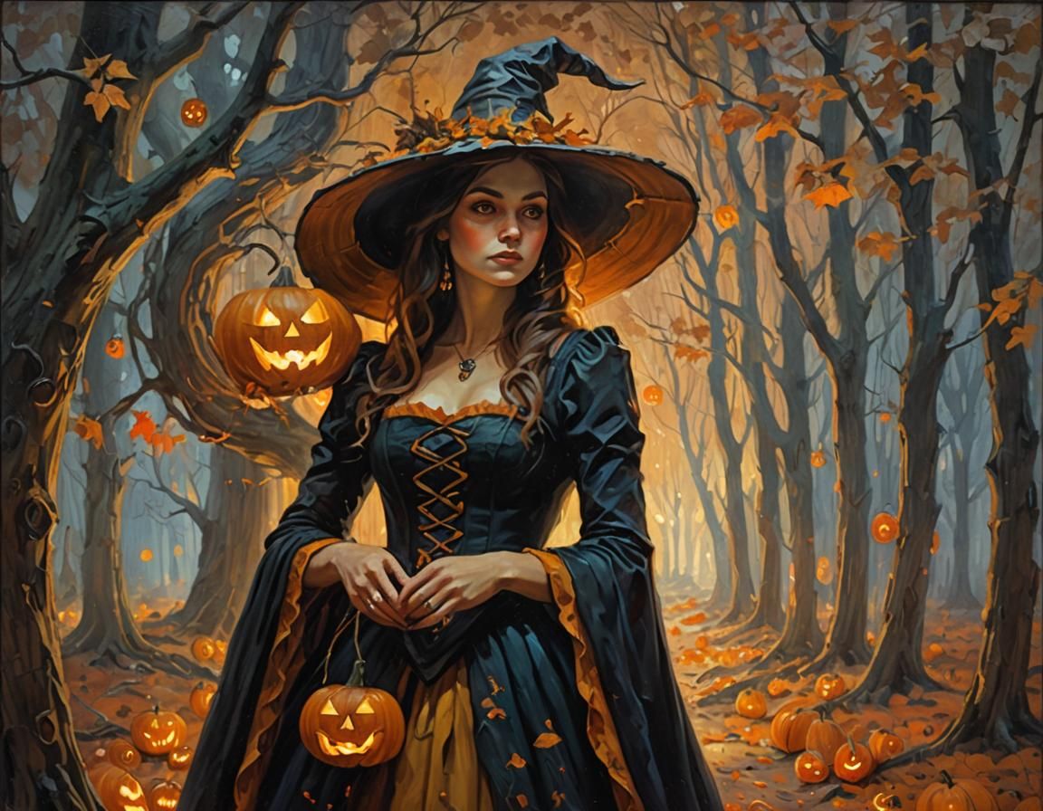 Enchanting Witch in Mystical Forest, Impressionist Oil Paint...