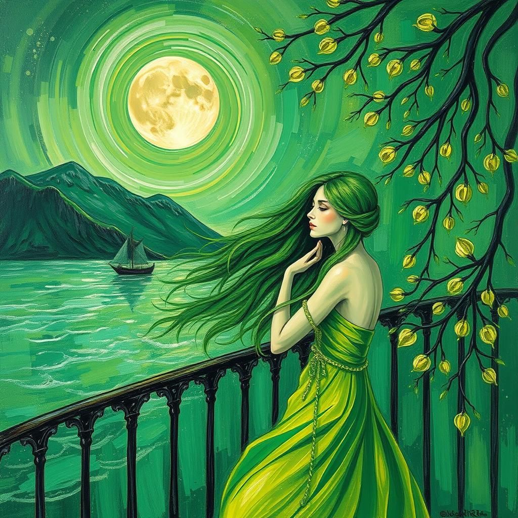 Green Dream: Neo-Impressionist Balcony Scene in Oil