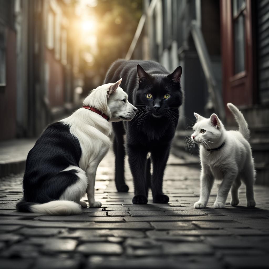 Hyperrealistic Black Cat and White Dog Staring